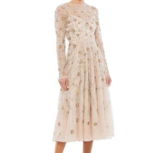 Mac Duggal Tan Long-Sleeve Embellished Floral Midi-Dress